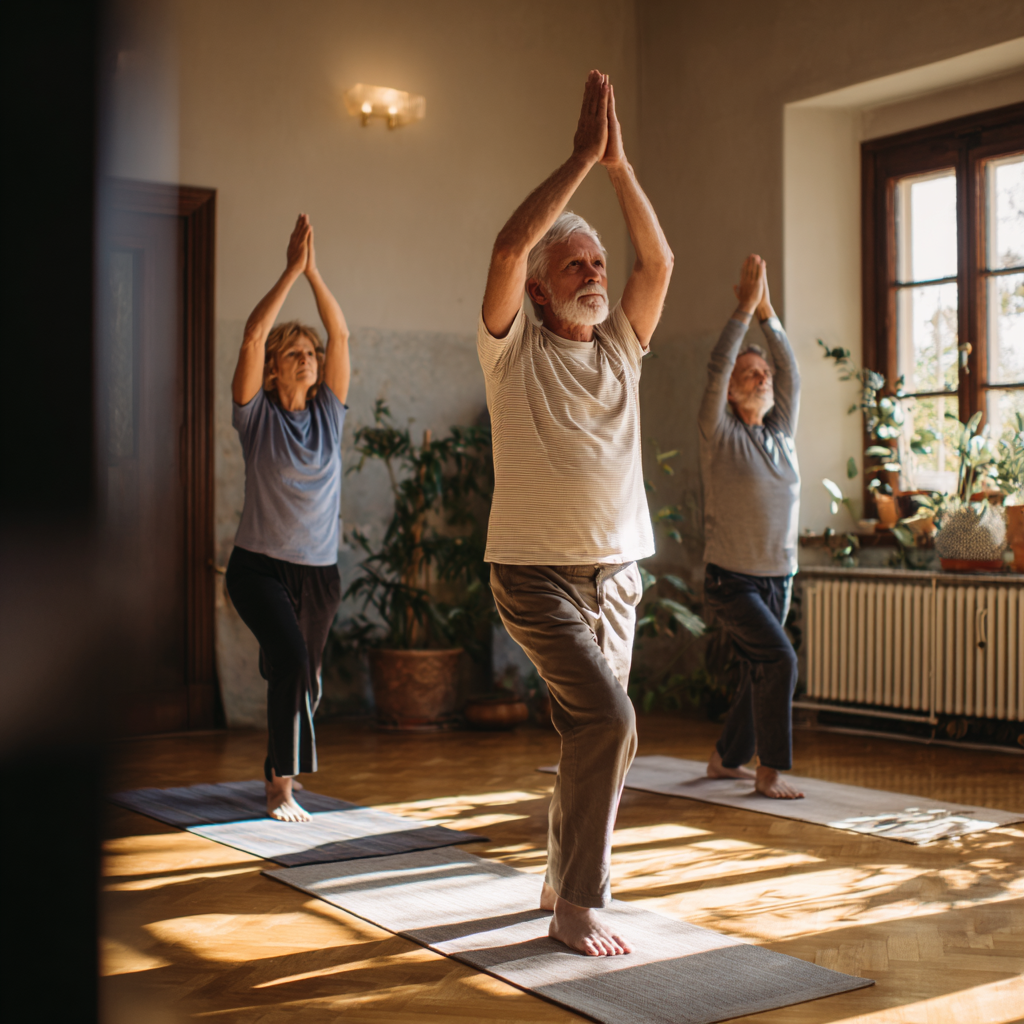 A middle-aged Hungarian woman practicing breathing exercises in a peaceful yoga studio, sitting cross-legged with eyes closed and a gentle smile