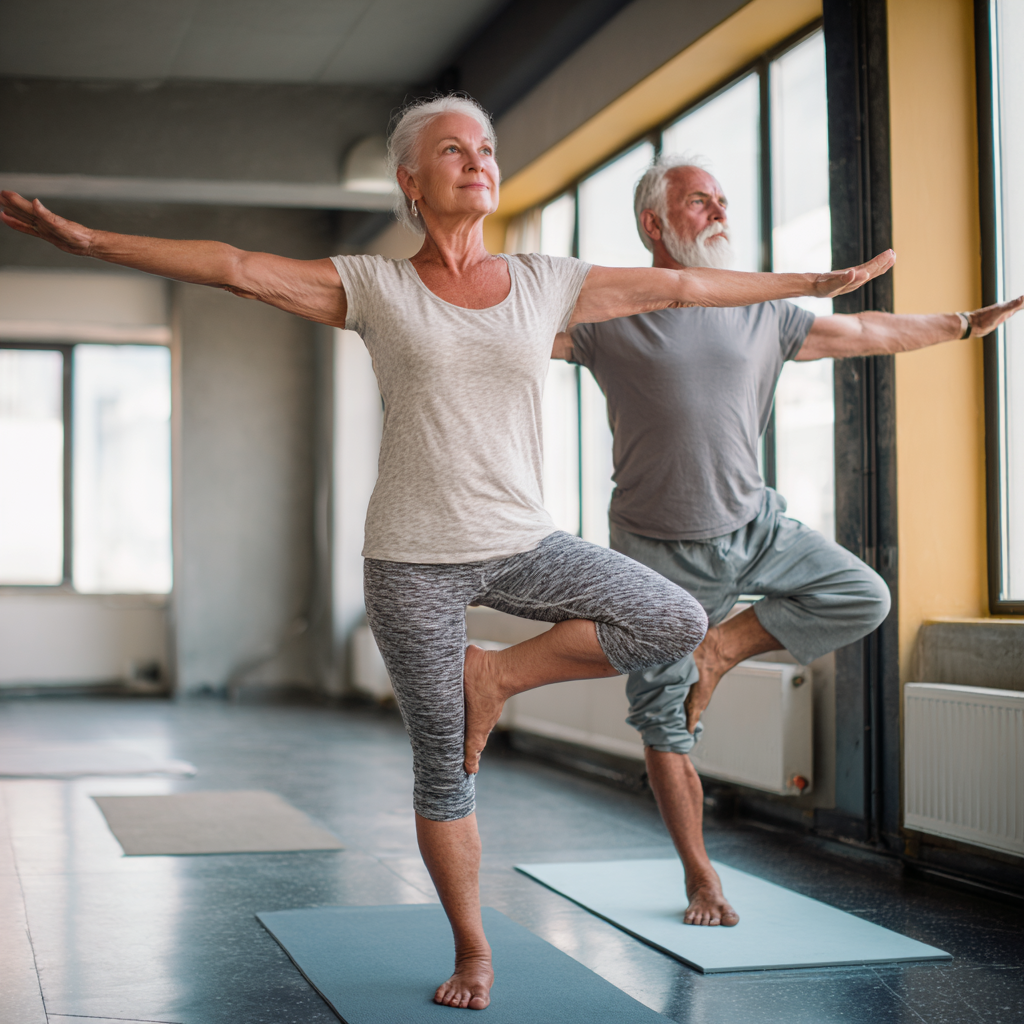 Young Hungarian adults of different ages practicing chest expansion exercises in a bright, modern wellness center